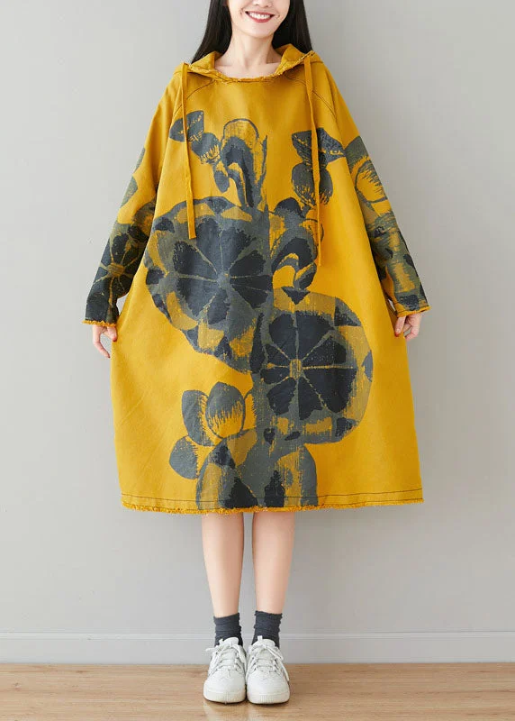 Casual Chic Clothing For Women Fine Yellow drawstring Hooded Print Pullover dresses Spring