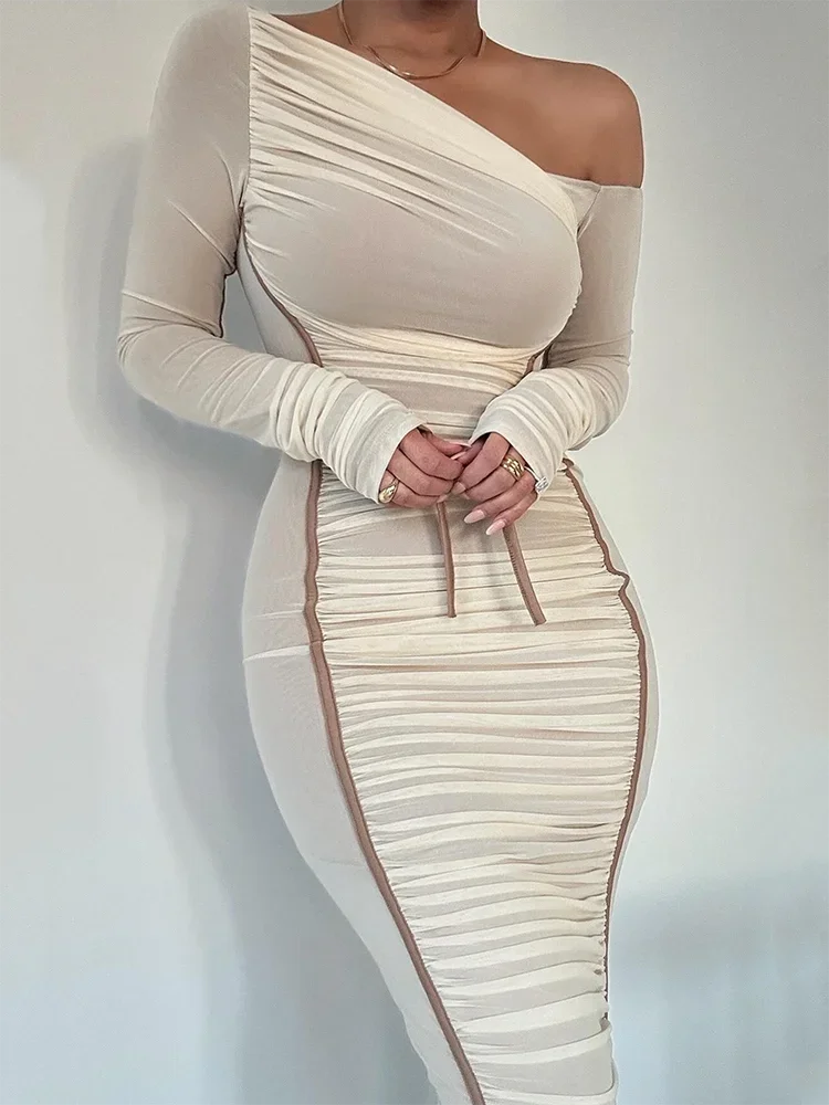 Women's Clothes For Work Diagonal Collar Mesh Backless Ruched Bodycon Long Midi Dress