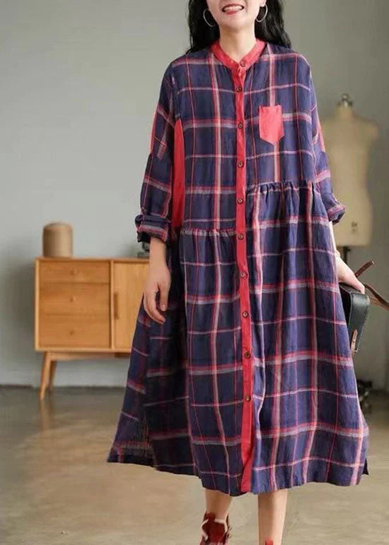 Affordable Fashion for Women Plus Size Blue O-Neck Plaid Patchwork shirt Dress Spring Affordable Fashion for Women Plus Size Blue O-Neck Plaid Patchwork shirt Dress Spring