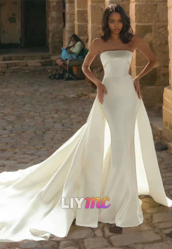 Affordable Women's Garments Straight Across Sleeveless Mermaid Sweep Train Wedding Dress