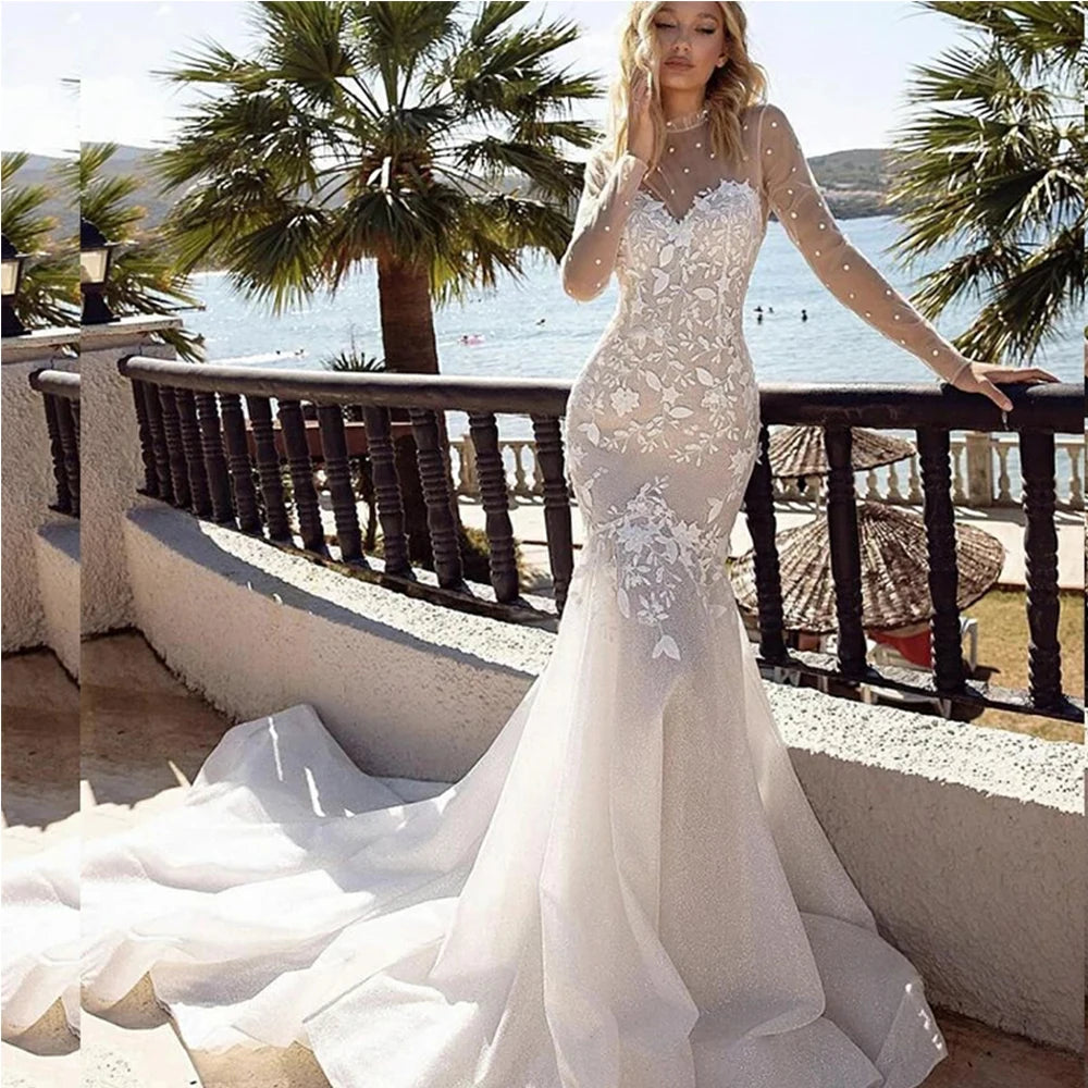 Casual Attire For Women Sexy Long Sleeves Mermaid Wedding Dress Sweetheart Lace Appliques Illusion Back Bridal Gown Dot Pattern Robe De Mariée