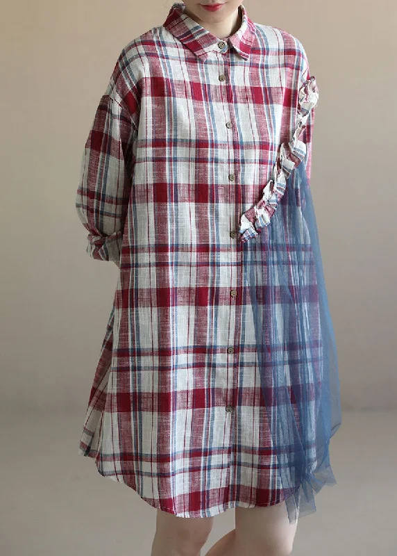 Trendy Women's Apparel Beautiful Red Plaid Ruffled Patchwork Tulle Cotton Linen Shirt Dress Long Sleeve Trendy Women's Apparel Beautiful Red Plaid Ruffled Patchwork Tulle Cotton Linen Shirt Dress Long Sleeve