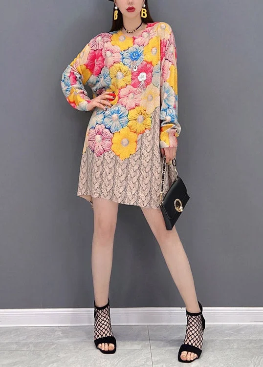 Comfortable Loungewear for Women Women O-Neck Floral Print Chiffon Mid Dresses Long Sleeve