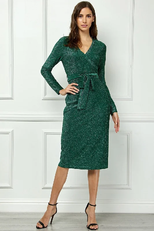 Hot Picks GREEN V-NECK LONG SLEEVES SELF-TIE WAIST KNIT MIDI DRESS AVD51163K