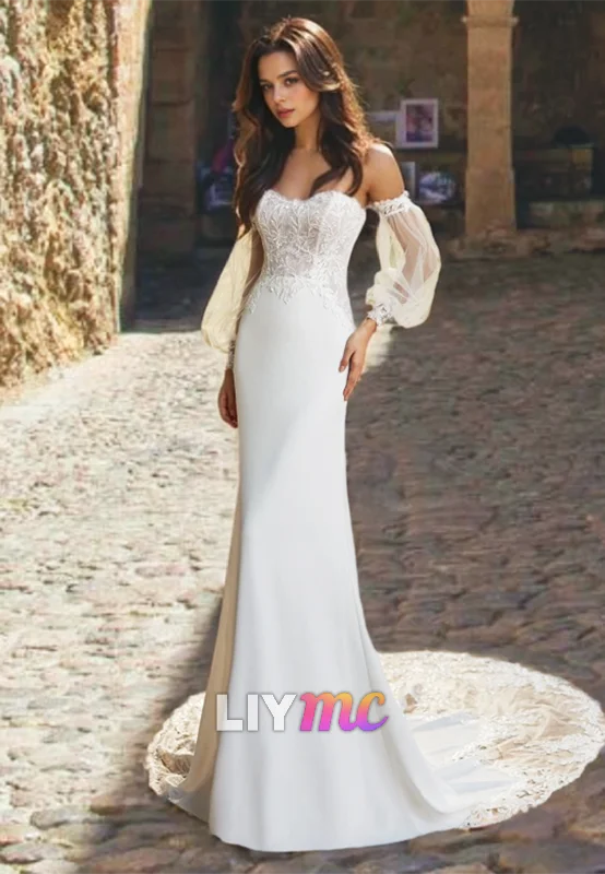 Women's Stylish Professional Garments Sweetheart Sleeves Appliques Sleek Mermaid Wedding Dress