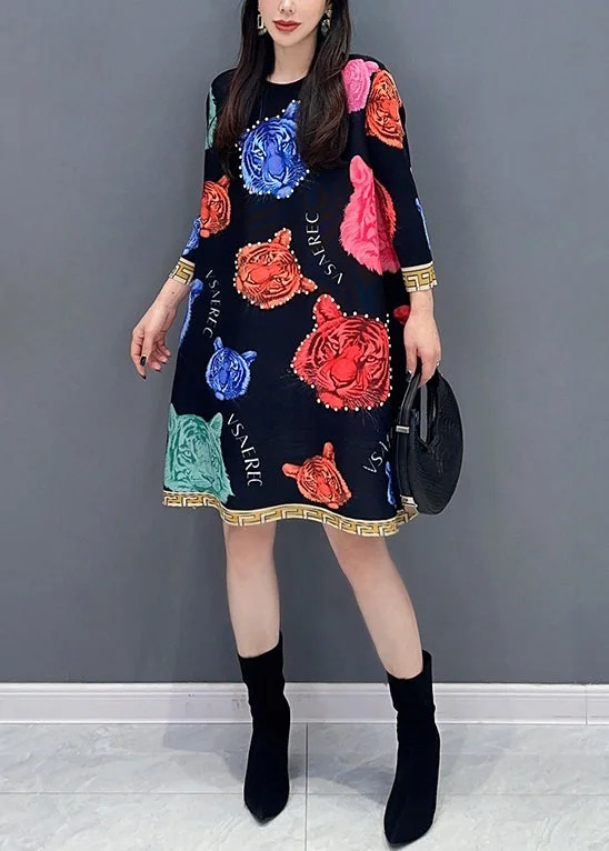 Women's Seasonal Attire Women Black O Neck Print Cotton Mid Dress Spring