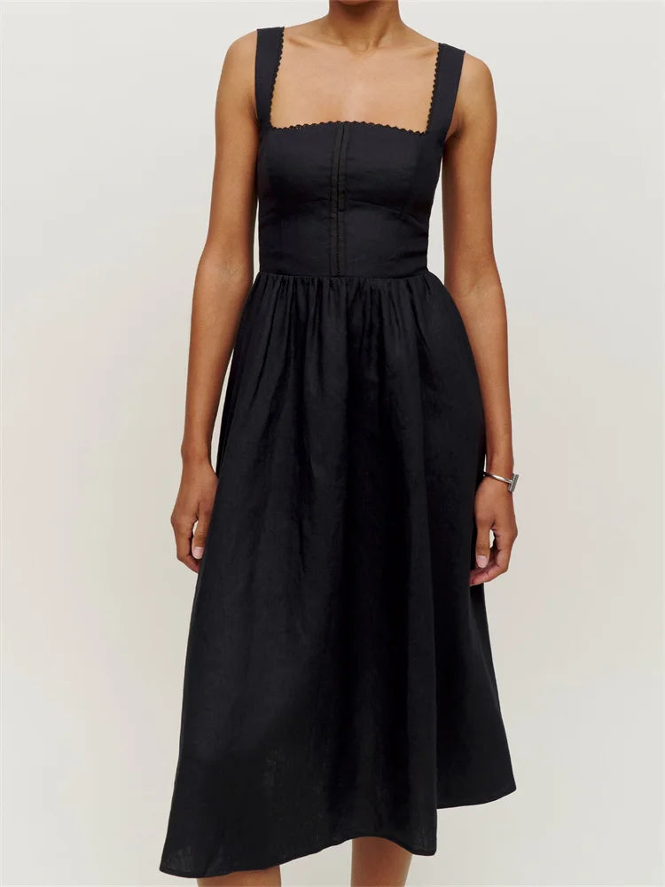 Trendy Pulse Elegant Square Neck Button-Up Sling High Waist A-Line Summer Midi Dress Trendy Pulse Elegant Square Neck Button-Up Sling High Waist A-Line Summer Midi Dress