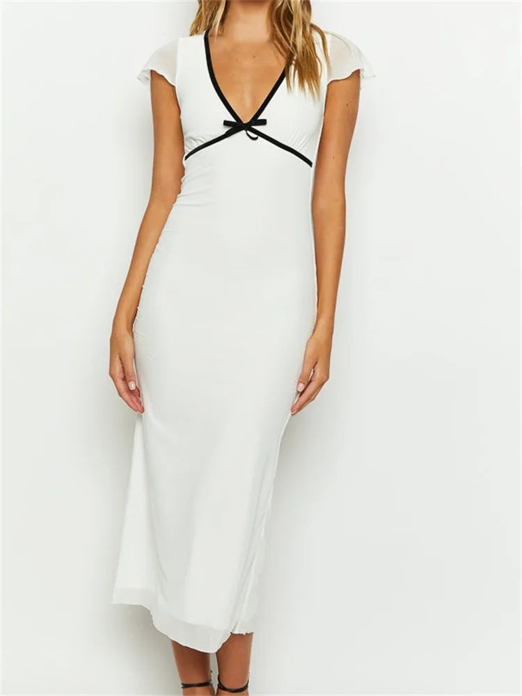 Bid Farewell To The Old Season Elegant Summer Skinny White Short Sleeve Deep V Neck Contrast Midi Dress Bid Farewell To The Old Season Elegant Summer Skinny White Short Sleeve Deep V Neck Contrast Midi Dress