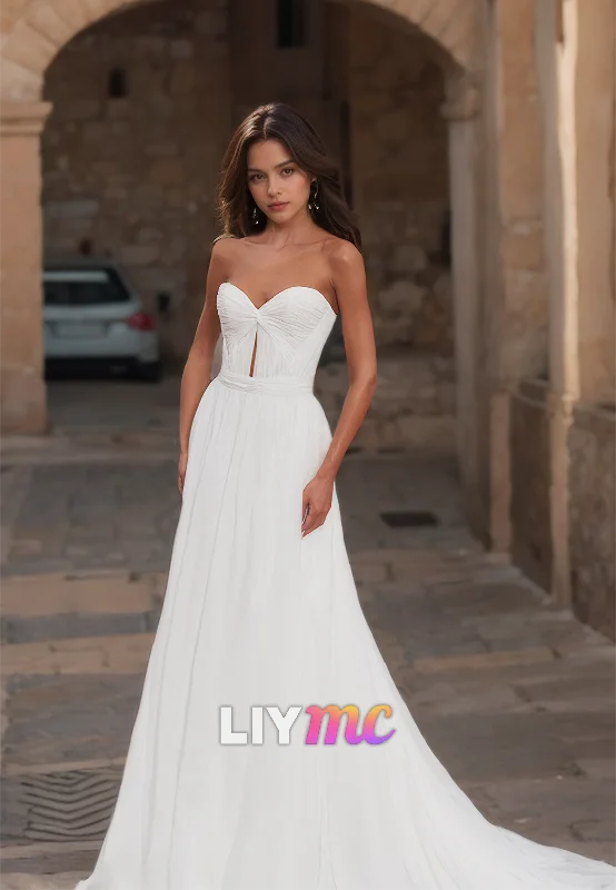 Women's Clothes Sweetheart Strapless Pleated Illusion A-Line Beach Wedding Dress