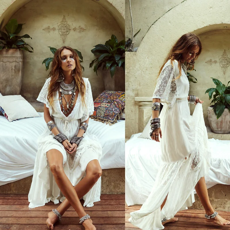 Women's Transitional Garments Boho Summer White Lace Maxi Dress for Women, Cotton Bohemian Dress