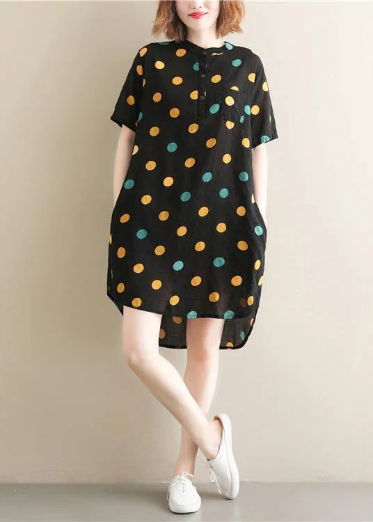 Women's Clothing For Outdoor Events Beautiful black dotted Cotton Tunics stand collar pockets Plus Size summer Dress