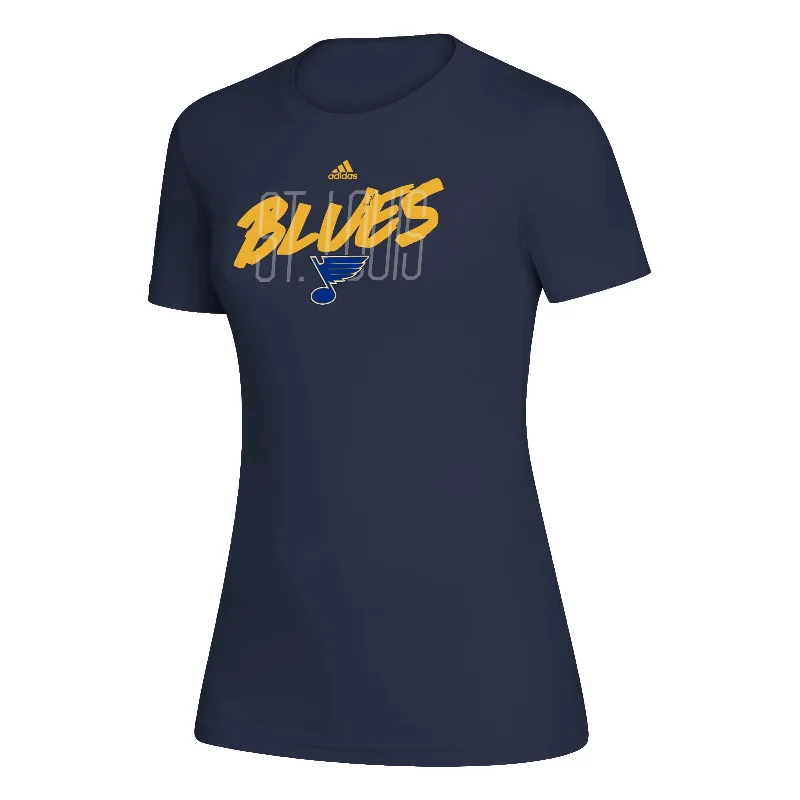 Day To Night Styles ST. LOUIS BLUES WOMENS ADIDAS SCRIPT PERFORMANCE TECH TEE - NAVY Day To Night Styles ST. LOUIS BLUES WOMENS ADIDAS SCRIPT PERFORMANCE TECH TEE - NAVY