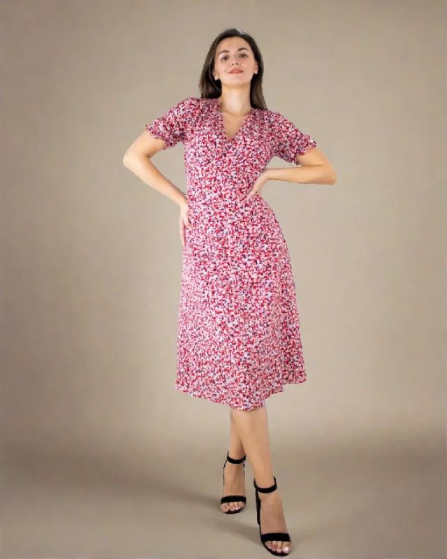 Fashion Essentials Zelia Ditsy Midi Dress with Short Sleeves - Floral Print Midi Dress for Women