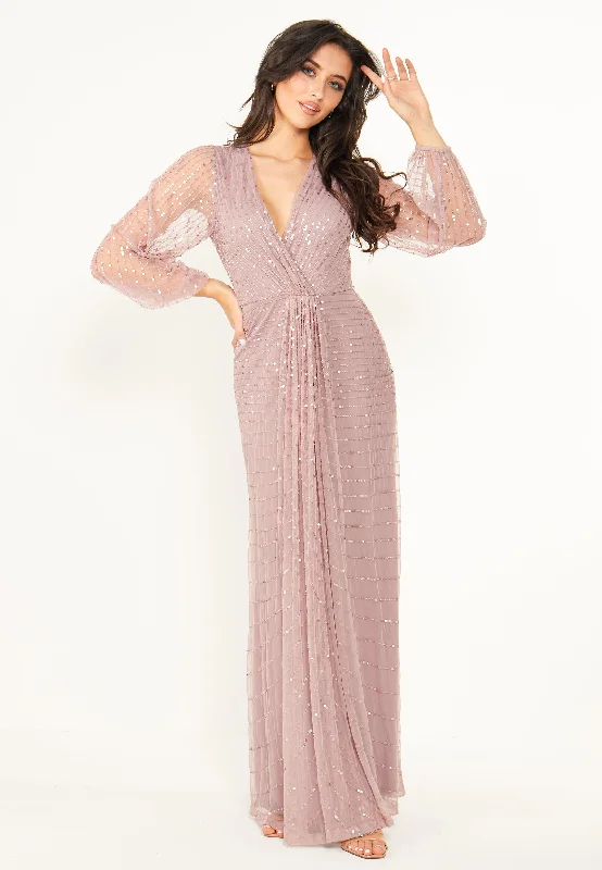 Casual Clothing For Women Embellished Long Mesh Sleeve Maxi Dress in Lavender