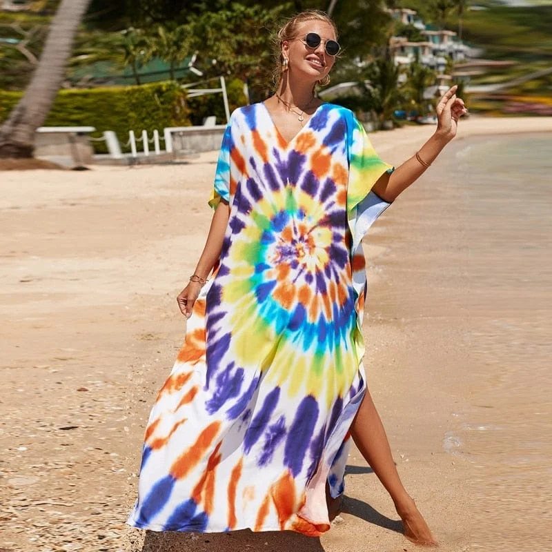 Charming Women's Holiday Apparel Rainbow Tie-dye Print Dress