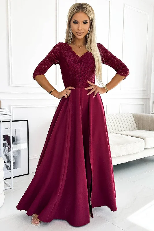 Plus-Size Women's Garments Numoco 309-9 AMBER elegant long maxi dress with lace neckline - burgundy