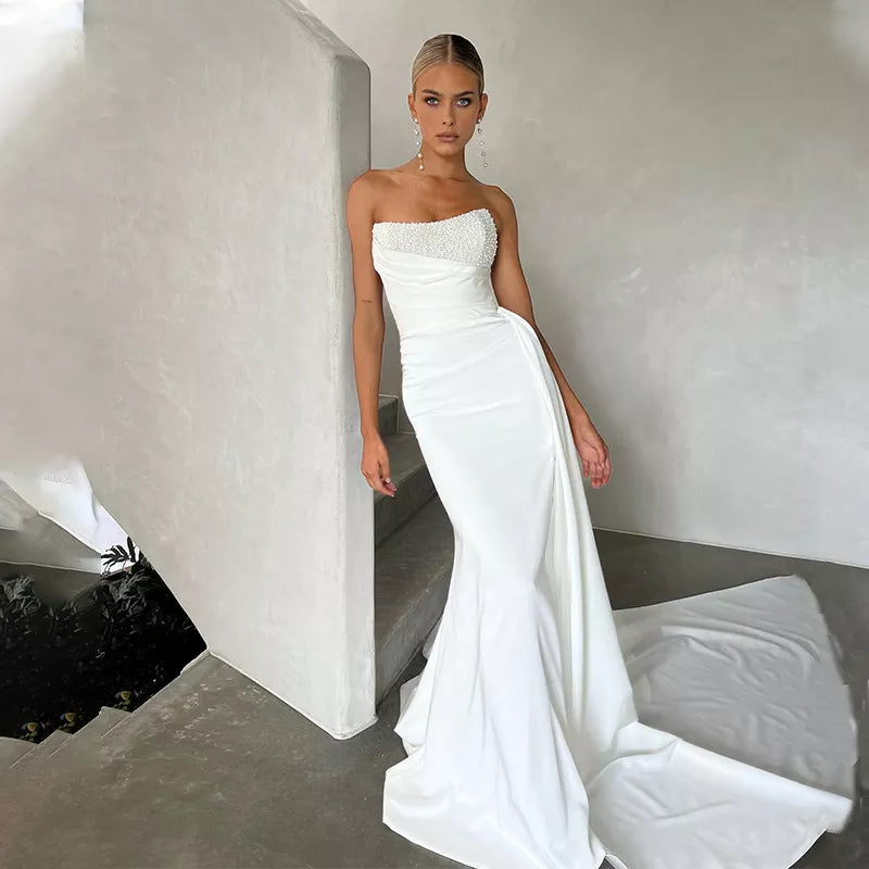 Women's Chic Outerwear Attire Stunning Beaded Strapless Mermaid Wedding Dresses Long Train ridal Gown Платья для матери невесты