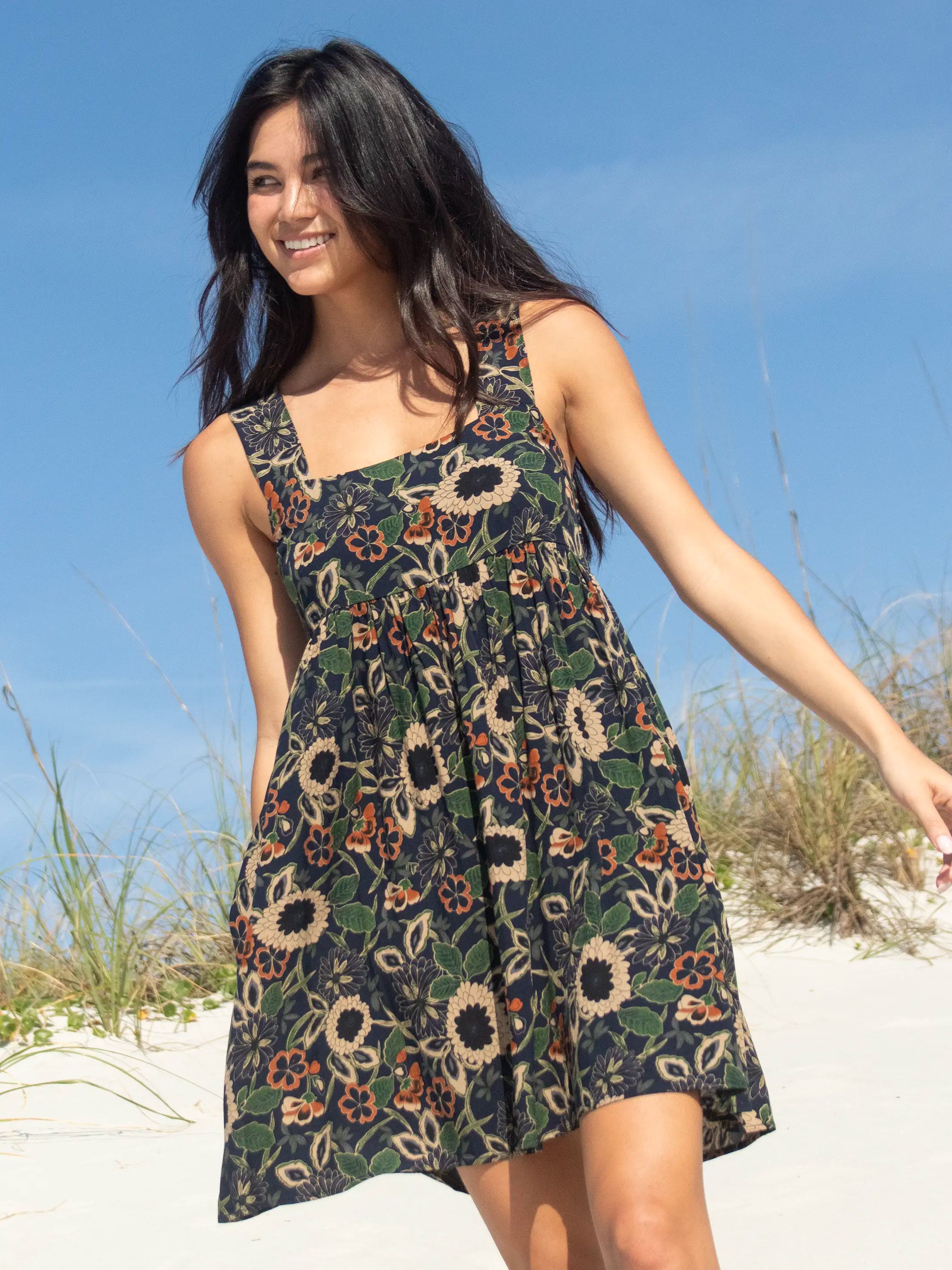 Online Boutiques Best Tricia Mini Dress - Navy Tan Dahlias