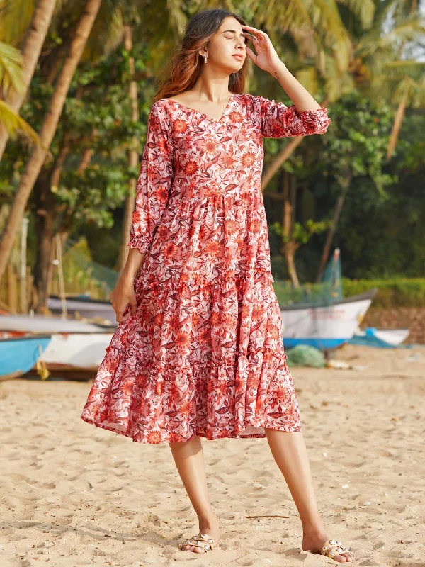 Trendy Boutiques Online Orange Floral Print Cotton Blend Flared Midi Dress