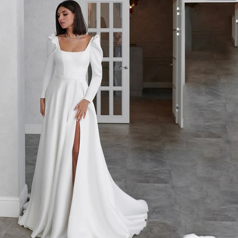 Women's Outerwear Garments A-Line Wedding  Dress Long Sleeve Square Collar Side Slit Simple Satin Open Back Beach Robe De Mariee Custom Made To Measures