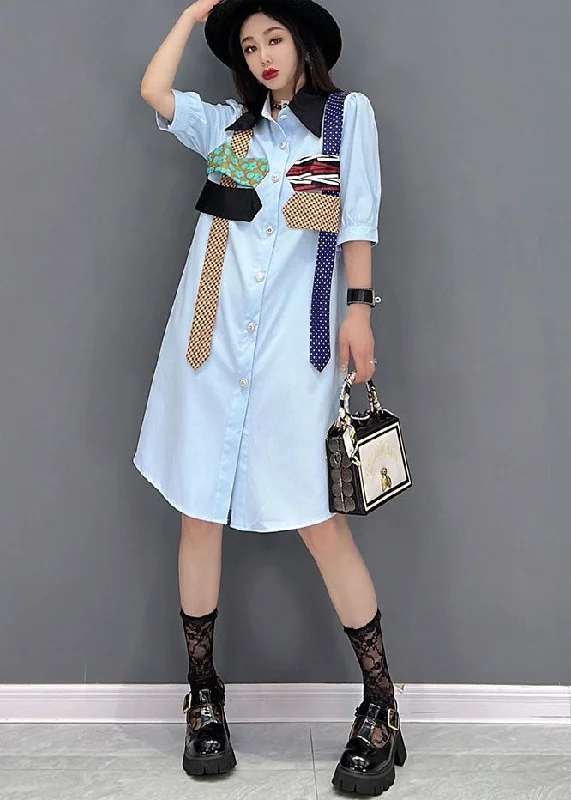 Women's Clothing For Outdoor Events Natural Blue Peter Pan Collar Patchwork Chiffon Shirt Dress Short Sleeve