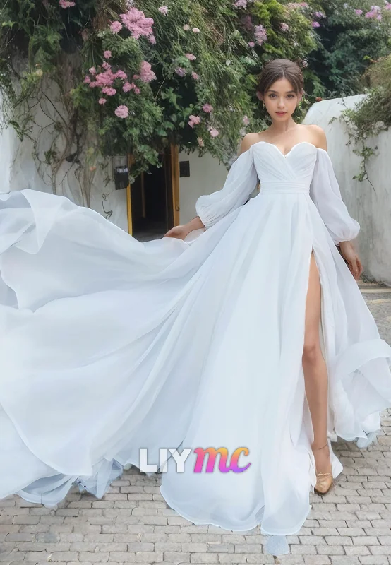 Women's Elegant Formal Outfit Off-Shoulder Long Sleeves Chiffon A-Lien Beach Wedding Dress