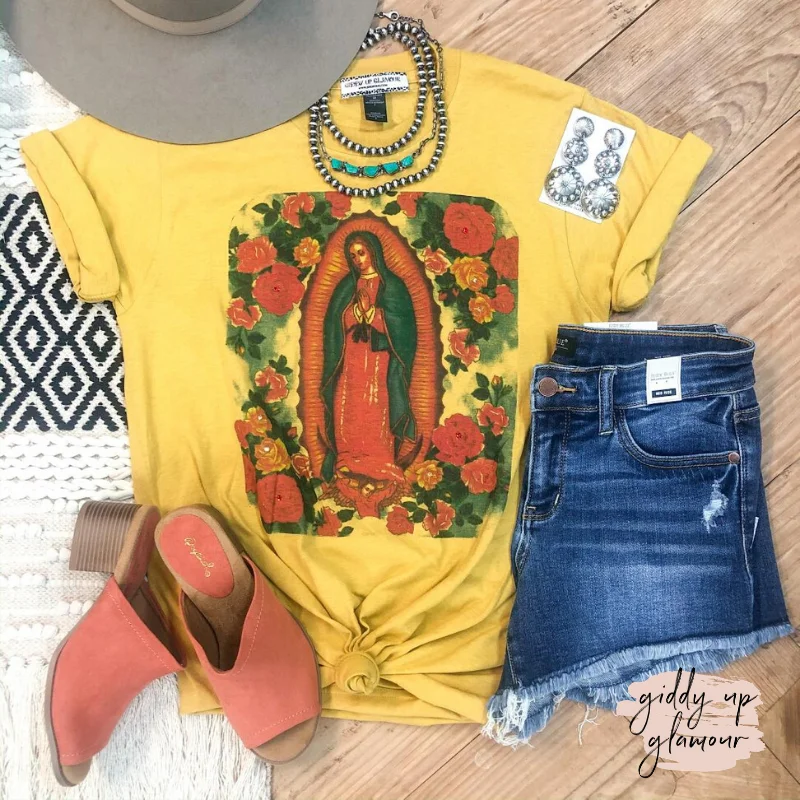 Get The Latest Trends Lady of Guadalupe Floral Graphic Tee with Crystals in Mustard Yellow Get The Latest Trends Lady of Guadalupe Floral Graphic Tee with Crystals in Mustard Yellow