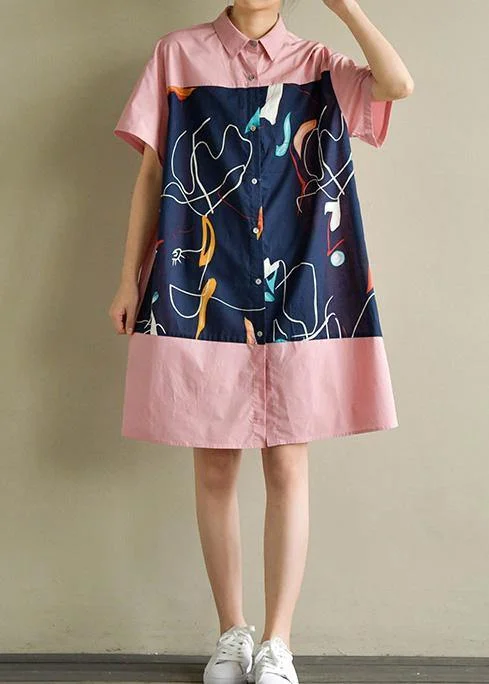 Women's Vacation Garments Women pink Cotton quilting clothes lapel patchwork Knee summer Dress