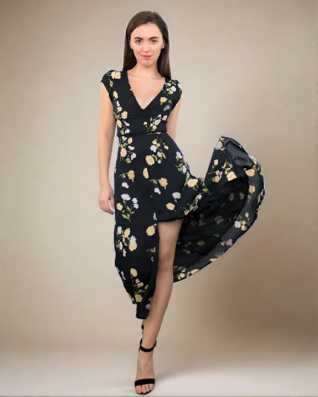 Women's Online Clothing Boutique Amelia Black Midi Dress with V Neck - Black Cocktail Dress