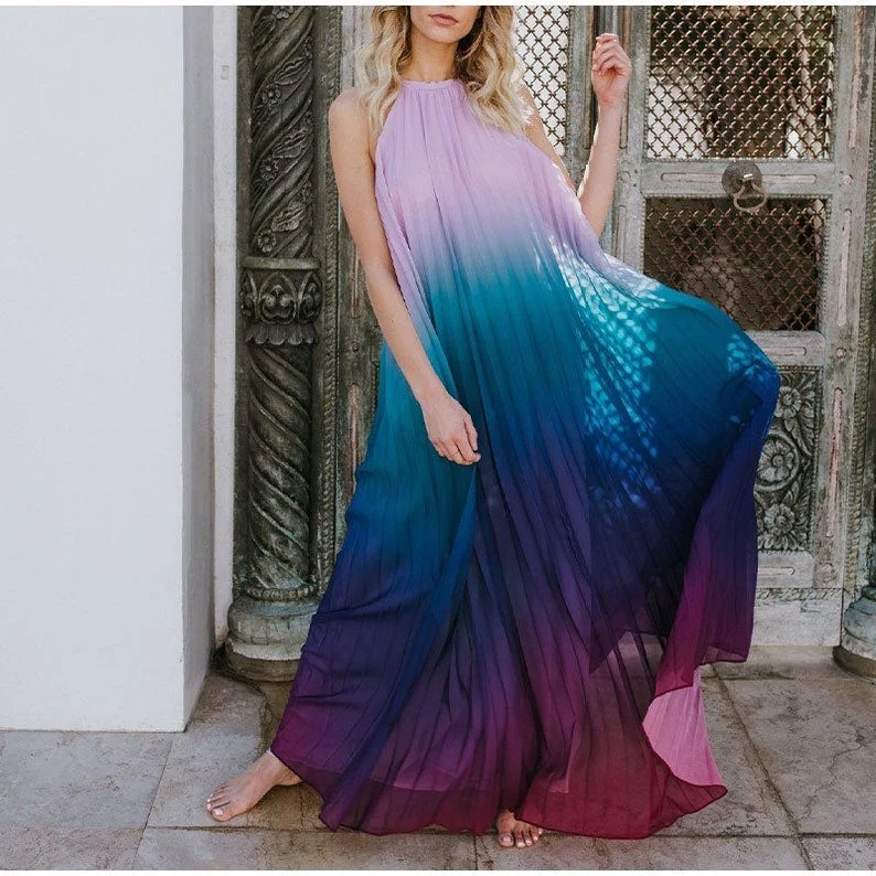 Women's Office Clothing Boho Rainbow Summer Dress For Women, Bohemian Maxi Dress