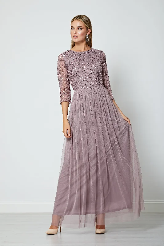 Women's Chic Outfit Embellished Sequin Long Sleeve Maxi Dress in Lavender