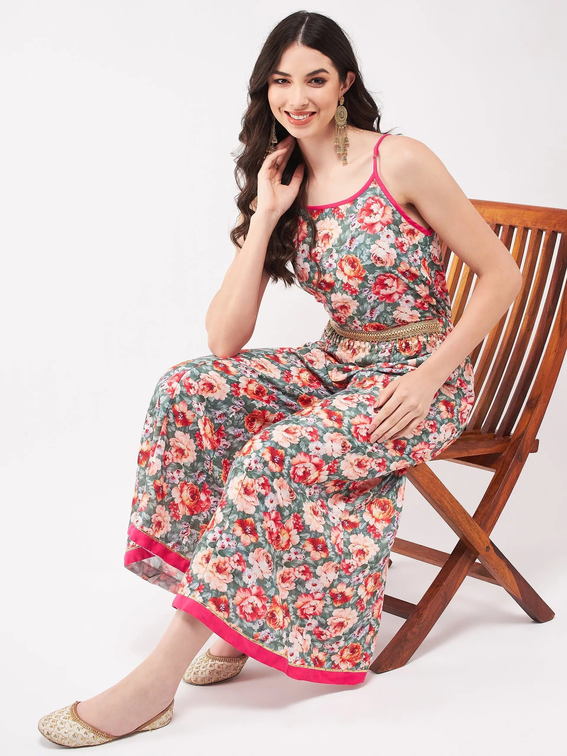 Women's Fashion-Forward Apparel Painted Floral Look Digital Printed Strappy Jumpsuit