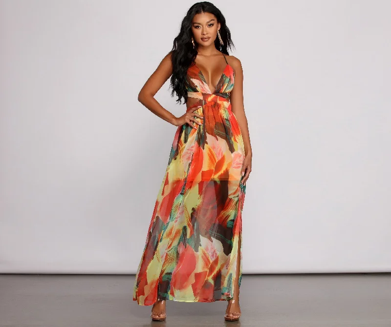 Vintage-Inspired Garments Brighter Vibes Lace-Up Charming Chiffon Maxi Dress