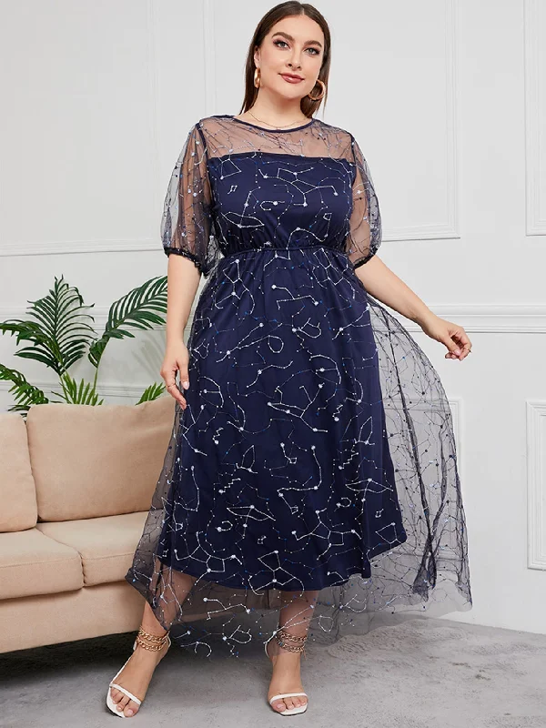 Women's Elegant Formal Outfit KittenAlarm - Plus Sequins Embroidery Mesh Overlay Dress