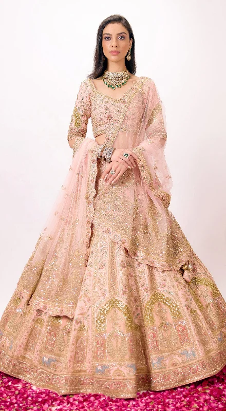 Affordable Women's Clothes Peach Silk Embroidered Lehenga Set