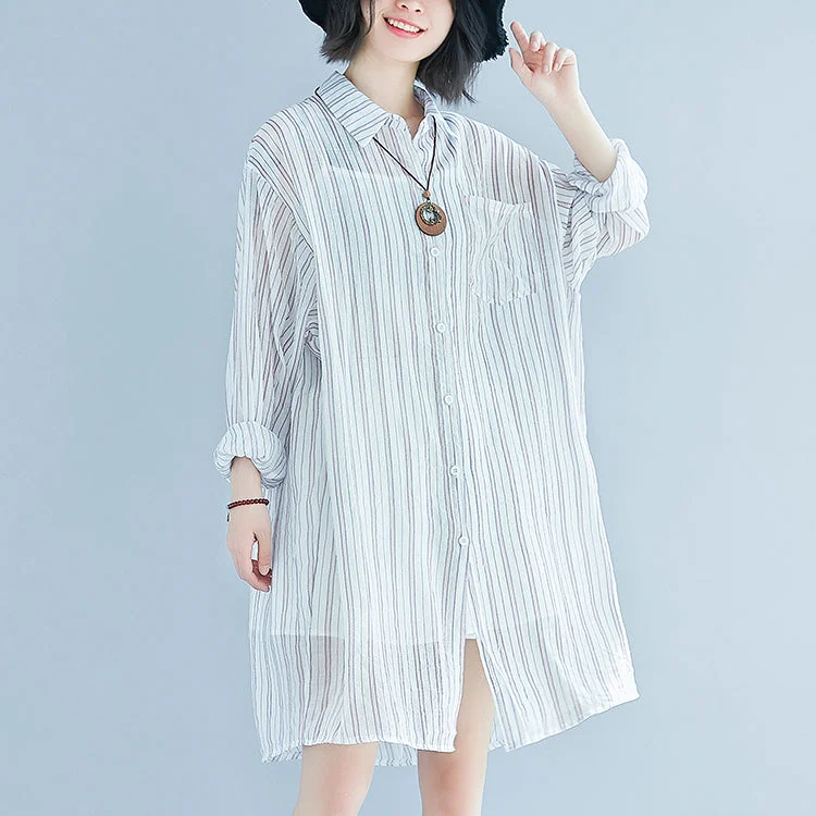 Women's Casual Apparel For Weekends boutique striped cotton dress oversized vintage long sleeve Turn-down Collar cotton dress