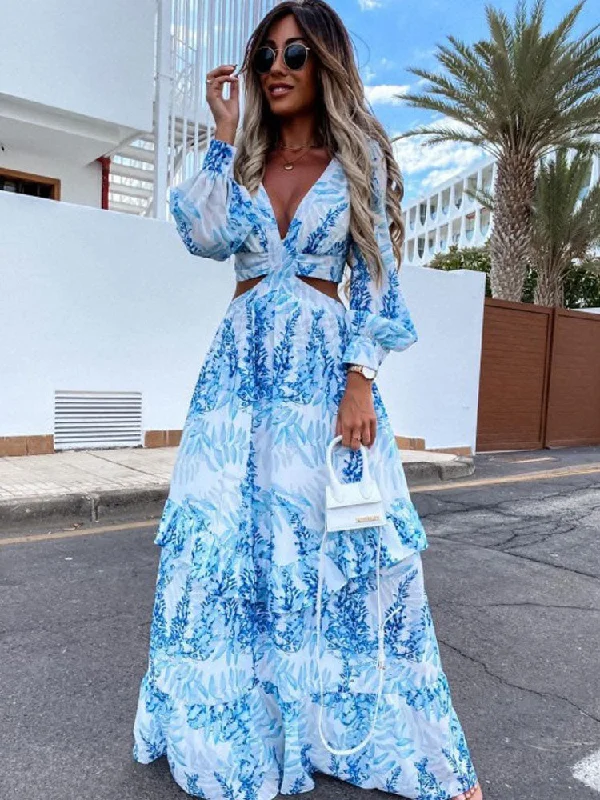 Elegant Fashion FashionSierra - V-Neck Backless Hollow Out Lantern Sleeve Maxi Dress Elegant Fashion FashionSierra - V-Neck Backless Hollow Out Lantern Sleeve Maxi Dress