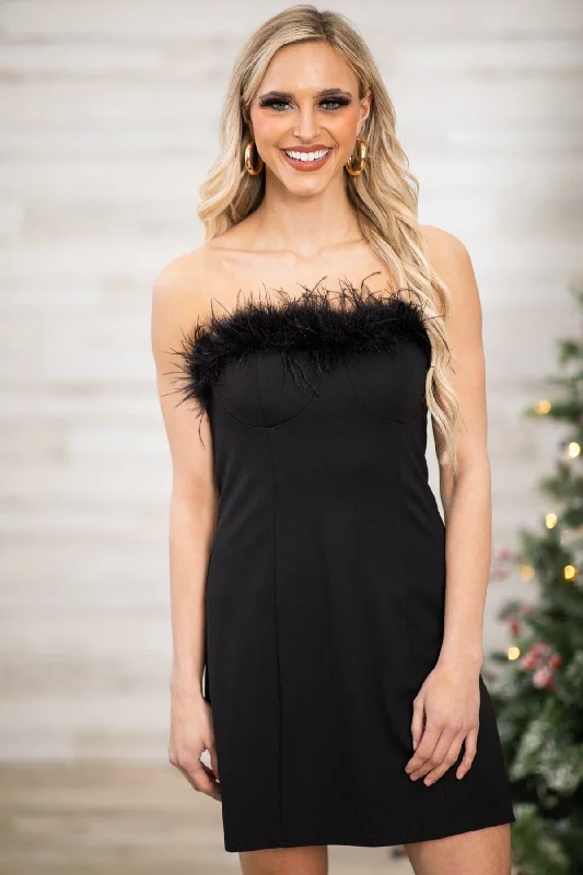 Women's Clothing For Work Black Strapless Feather Trim Dress