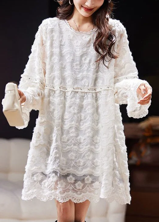 Stylish Women's Clothing Loose White Solid Embroideried Nail Bead Lace Mid Dress Spring