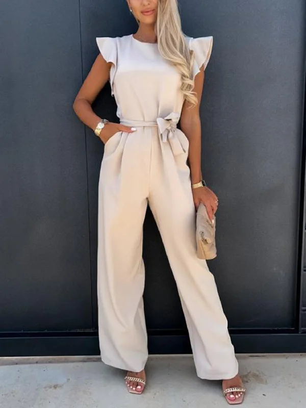 Women's Comfortable Apparel Ruffled Round Neck Cap Sleeve Jumpsuit