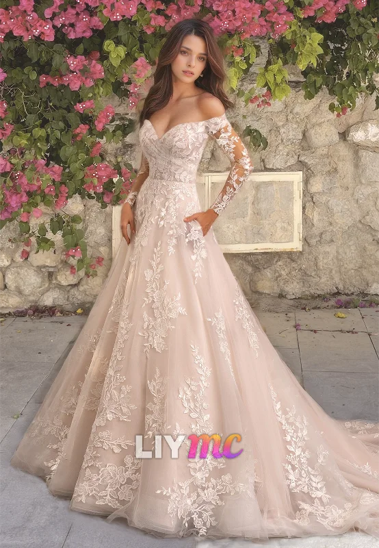 Women's Clothing Sets V-Neck Long Sleeves Appliques Tulle A-Line Ball Gown Wedding Dress