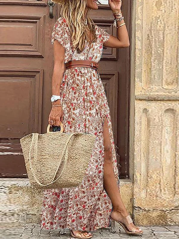 Modern Women's Apparel Bohemian Long Short Sleeve Printed V Neck Slit Dress