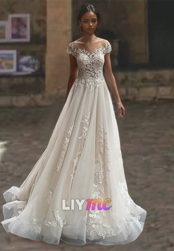 Women's Everyday Clothes Sweetheart Cap Sleeves Appliques Tulle A-Line Wedding Dress