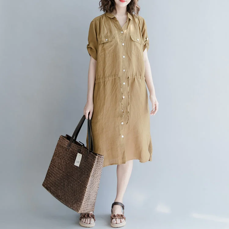 Women's Travel Outfit Set women brown linen dress oversize linen dress boutique short sleeve pockets Turn-down Collar linen dress