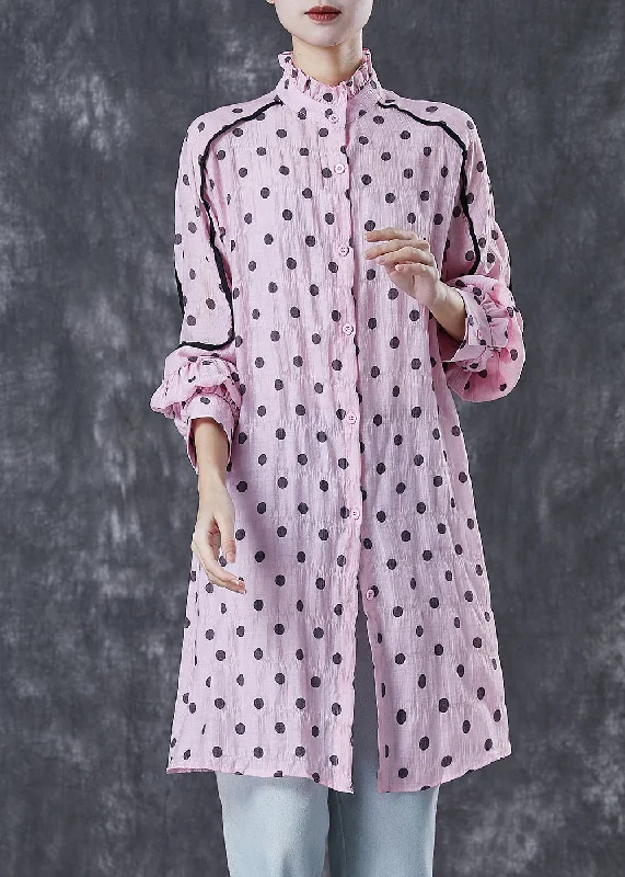 Women's Clothing For Travel Organic Pink Ruffled Collar Print Cotton Shirt Dress Spring