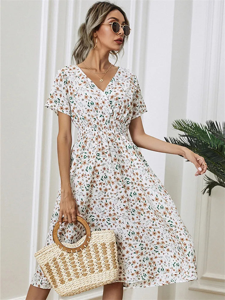 Women's Travel Apparel Floral Chic Short Sleeve Women's Fashionable Long Midi Dress