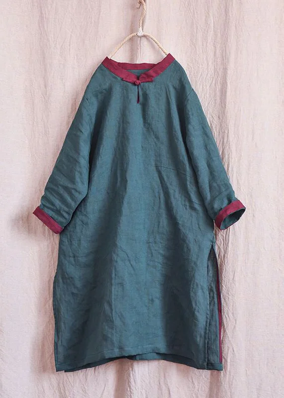 Modern Women's Apparel New Blackish Green Button Side Open Linen Mid Dress Spring