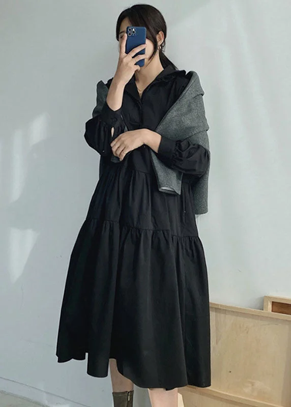 Women's Sporty Clothes Plus Size Black Ruffled wrinkled Cotton Dress Spring