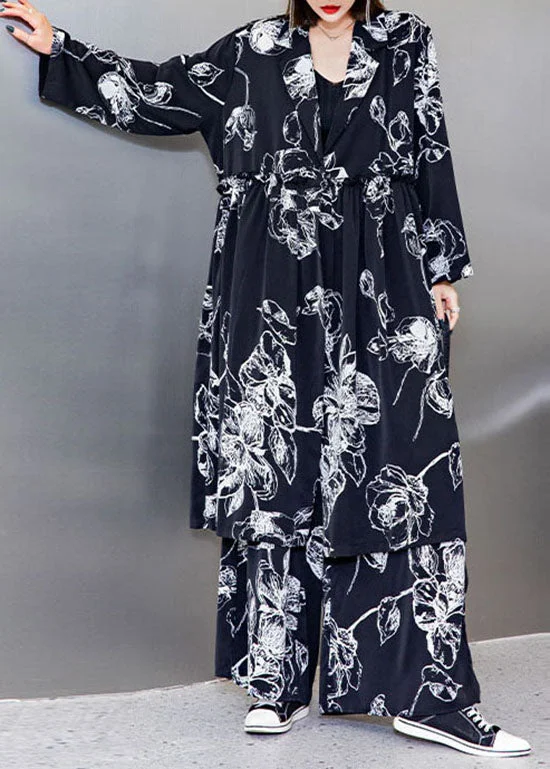 Casual and Comfortable Outfits Stylish Black V Neck Cinched print Silk tops wide leg pants Two Pieces Set Spring Casual and Comfortable Outfits Stylish Black V Neck Cinched print Silk tops wide leg pants Two Pieces Set Spring