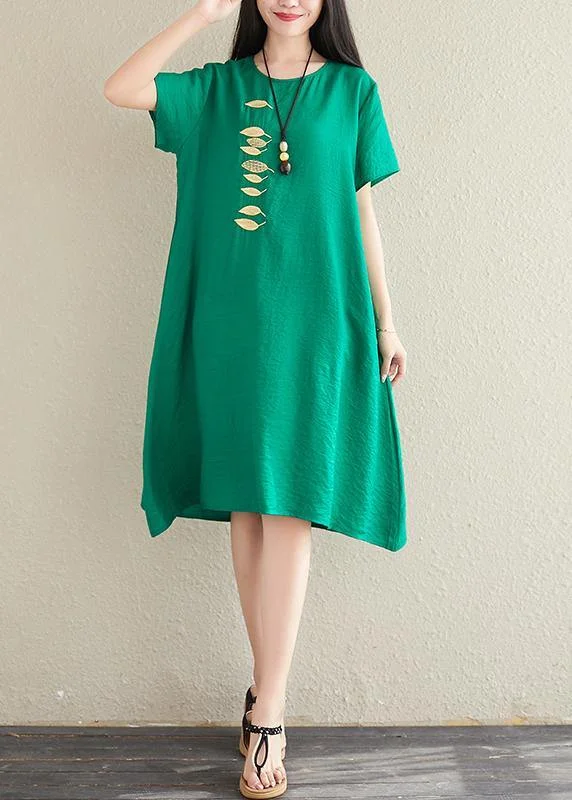 Women's Clothing Sets Bohemian green cotton linen clothes o neck embroidery tunic summer Dress